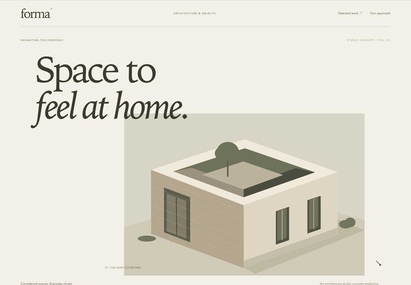 Portfolio di architettura Forma con grandi caratteri serif, un cortile illustrato e progetti selezionati.