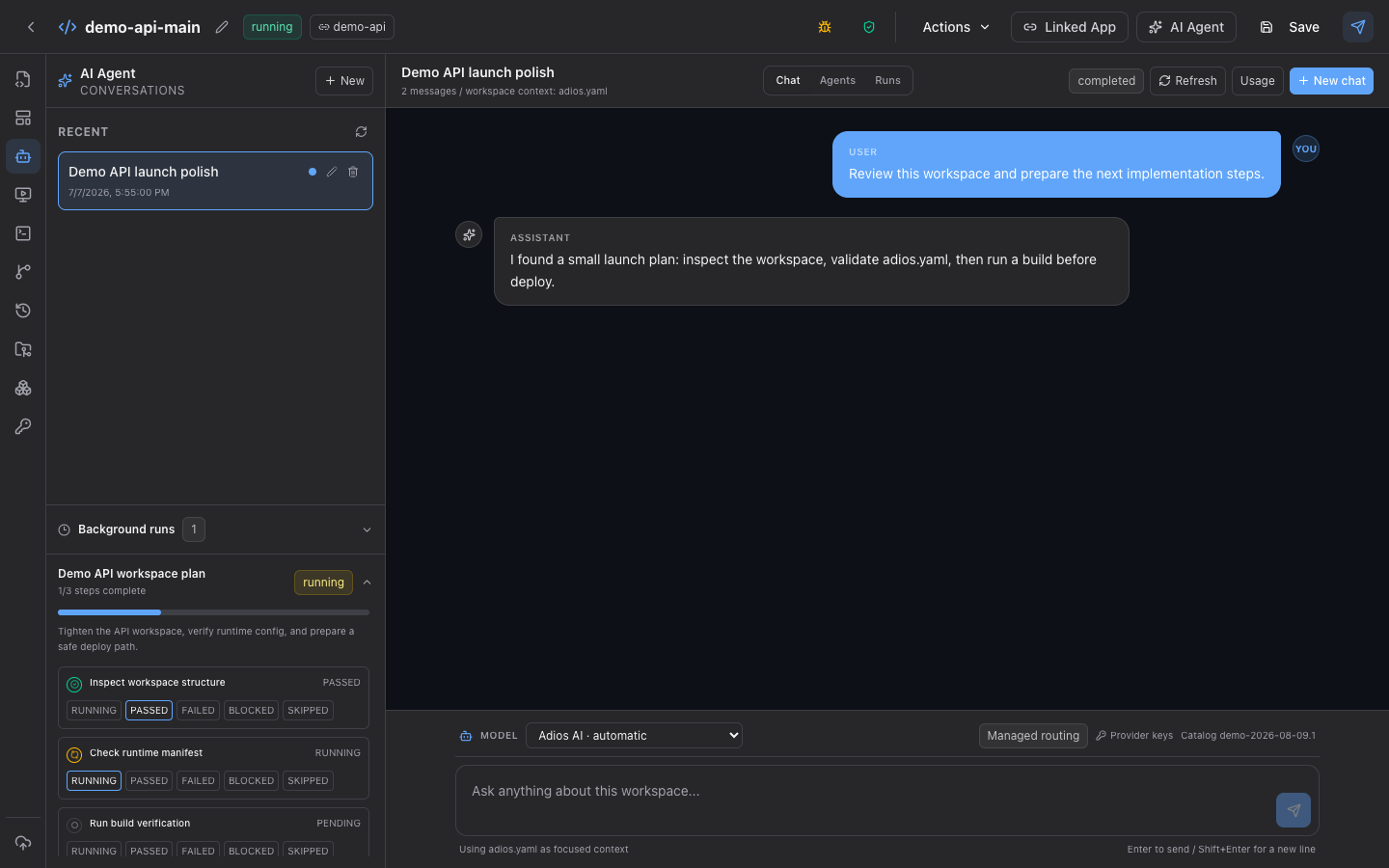 Adios AI Agent pane showing a saved conversation and a three-step background plan