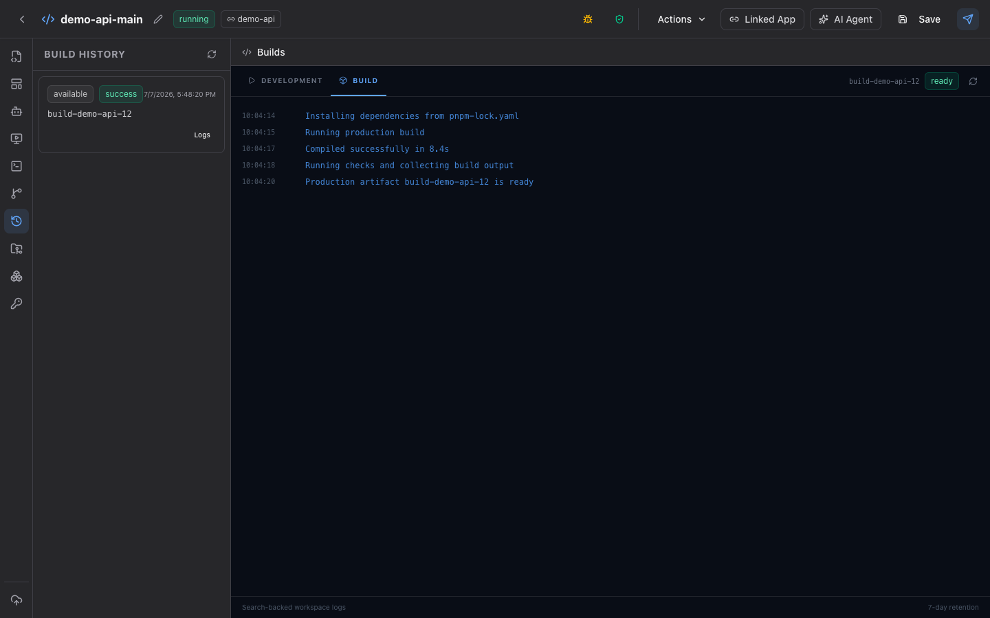 Adios Build History pane showing a successful artifact and timestamped production build output