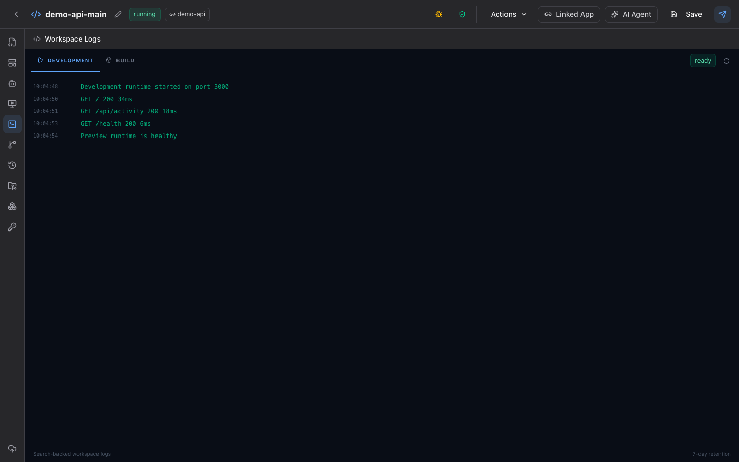 Adios Workspace Logs pane with timestamped development runtime requests and health output