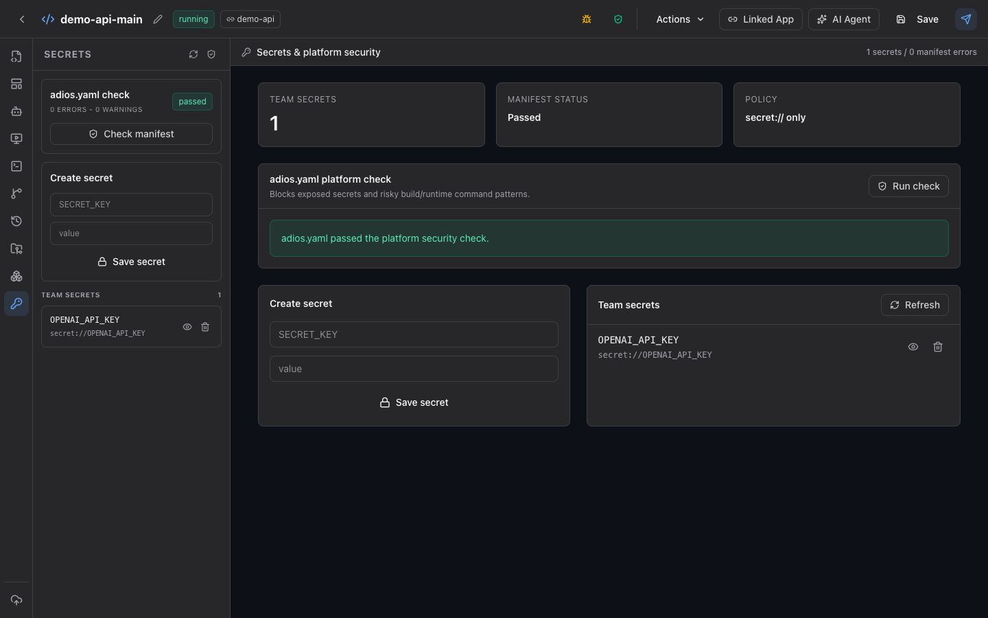 Adios Secrets and Security pane with a passed manifest check and secret reference policy